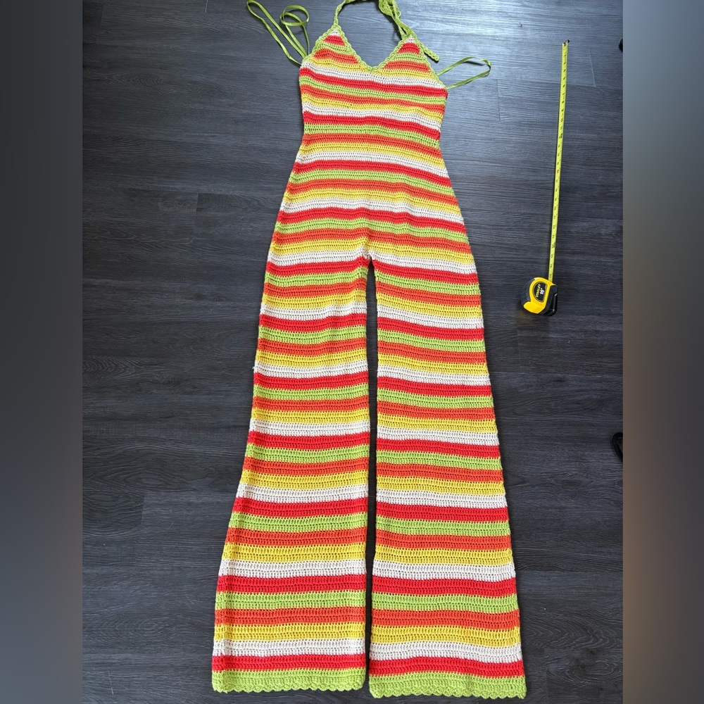REVOLVE Striped Crochet Halter Jumpsuit in Lime, Red, Yellow & Cream